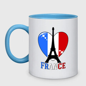 Кружка двухцветная с принтом Люблю Францию в Курске, керамика | объем — 330 мл, диаметр — 80 мм. Цветная ручка и кайма сверху, в некоторых цветах — вся внутренняя часть | Тематика изображения на принте: france | i love france | париж | франция | эйвелева башня | я люблю францию