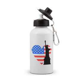Бутылка спортивная с принтом Люблю Америку в Курске, металл | емкость — 500 мл, в комплекте две пластиковые крышки и карабин для крепления | usa | америка | люблю америку | статуя свободы | сша | штаты | я люблю америку