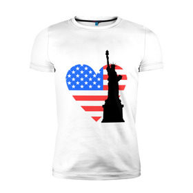 Мужская футболка премиум с принтом Люблю Америку в Курске, 92% хлопок, 8% лайкра | приталенный силуэт, круглый вырез ворота, длина до линии бедра, короткий рукав | usa | америка | люблю америку | статуя свободы | сша | штаты | я люблю америку