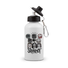 Бутылка спортивная с принтом Slipknot masks в Курске, металл | емкость — 500 мл, в комплекте две пластиковые крышки и карабин для крепления | metall | метал | металл | нью метал | слипкнот