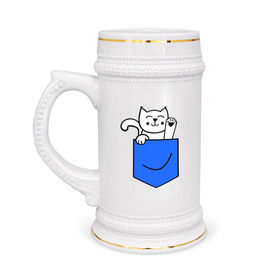Кружка пивная с принтом Котенок в кармане в Курске,  керамика (Материал выдерживает высокую температуру, стоит избегать резкого перепада температур) |  объем 630 мл | Тематика изображения на принте: киса | котенок | котик | кошка