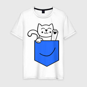 Мужская футболка хлопок с принтом Котенок в кармане в Курске, 100% хлопок | прямой крой, круглый вырез горловины, длина до линии бедер, слегка спущенное плечо. | Тематика изображения на принте: киса | котенок | котик | кошка