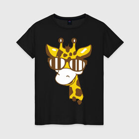 Женская футболка хлопок с принтом Жираф в очках в Курске, 100% хлопок | прямой крой, круглый вырез горловины, длина до линии бедер, слегка спущенное плечо | животные | жираф | очки