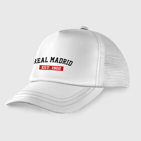 Детская кепка тракер с принтом FC Real Madrid Est 1902 в Курске, Козырек - 100% хлопок. Кепка - 100% полиэстер, Задняя часть - сетка | универсальный размер, пластиковая застёжка | fc real madrid | fc real madrid est 1902 | real madrid | реал мадрид | фк реал мадрид