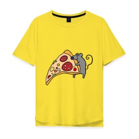 Мужская футболка хлопок Oversize с принтом Кусочек пиццы парная в Курске, 100% хлопок | свободный крой, круглый ворот, “спинка” длиннее передней части | pizza | влюбленным | для влюбленных | для двоих | для пар | мышонок | пара | парные | пицца