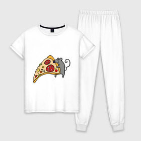 Женская пижама хлопок с принтом Кусочек пиццы парная в Курске, 100% хлопок | брюки и футболка прямого кроя, без карманов, на брюках мягкая резинка на поясе и по низу штанин | pizza | влюбленным | для влюбленных | для двоих | для пар | мышонок | пара | парные | пицца