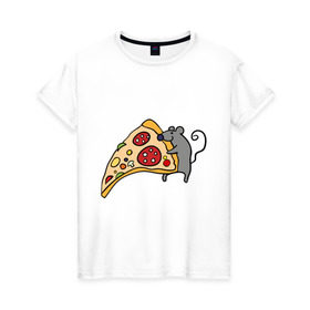 Женская футболка хлопок с принтом Кусочек пиццы парная в Курске, 100% хлопок | прямой крой, круглый вырез горловины, длина до линии бедер, слегка спущенное плечо | pizza | влюбленным | для влюбленных | для двоих | для пар | мышонок | пара | парные | пицца