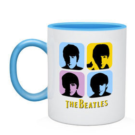 Кружка двухцветная с принтом The Beatles pop art в Курске, керамика | объем — 330 мл, диаметр — 80 мм. Цветная ручка и кайма сверху, в некоторых цветах — вся внутренняя часть | beatles | the beatles | the beatles pop art | бителс