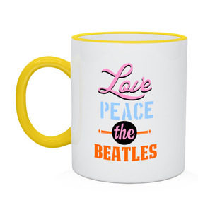 Кружка двухцветная с принтом Love peace the Beatles в Курске, керамика | объем — 330 мл, диаметр — 80 мм. Цветная ручка и кайма сверху, в некоторых цветах — вся внутренняя часть | beatles | love peace the beatles | the beatles | бителс