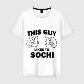 Мужская футболка хлопок с принтом Этот парень любит Сочи в Курске, 100% хлопок | прямой крой, круглый вырез горловины, длина до линии бедер, слегка спущенное плечо. | Тематика изображения на принте: sochi | регионы | регионы россии | сочи | этой парень любит