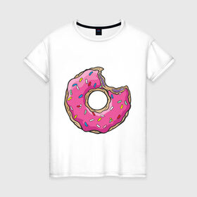 Женская футболка хлопок с принтом Пончик Гомера в Курске, 100% хлопок | прямой крой, круглый вырез горловины, длина до линии бедер, слегка спущенное плечо | Тематика изображения на принте: для влюбленных | для двоих | для пар | парные | пончики