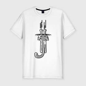 Мужская футболка премиум с принтом Hanging Kitty в Курске, 92% хлопок, 8% лайкра | приталенный силуэт, круглый вырез ворота, длина до линии бедра, короткий рукав | Тематика изображения на принте: 