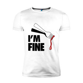 Мужская футболка премиум с принтом I `m Fine Fork в Курске, 92% хлопок, 8% лайкра | приталенный силуэт, круглый вырез ворота, длина до линии бедра, короткий рукав | fine | вилка | кровь | я в порядке