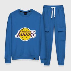 Женский костюм хлопок с принтом LA Lakers в Курске, 100% хлопок | на свитшоте круглая горловина, мягкая резинка по низу. Брюки заужены к низу, на них два вида карманов: два 