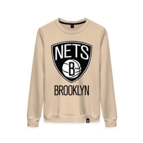 Женский свитшот хлопок с принтом Nets Brooklyn в Курске, 100% хлопок | прямой крой, круглый вырез, на манжетах и по низу широкая трикотажная резинка  | бруклин