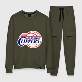Женский костюм хлопок с принтом LA Clippers в Курске, 100% хлопок | на свитшоте круглая горловина, мягкая резинка по низу. Брюки заужены к низу, на них два вида карманов: два 