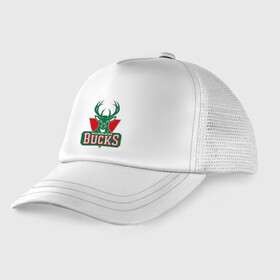 Детская кепка тракер с принтом Milwaukee Bucks - logo в Курске, Козырек - 100% хлопок. Кепка - 100% полиэстер, Задняя часть - сетка | универсальный размер, пластиковая застёжка | basketball | nba | баскетболл | лого баскетбольных клубов | нба