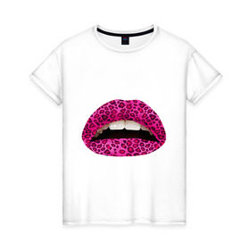 Женская футболка хлопок с принтом Pink leopard lips в Курске, 100% хлопок | прямой крой, круглый вырез горловины, длина до линии бедер, слегка спущенное плечо | lips | губы | леопард | помада | поцелуй