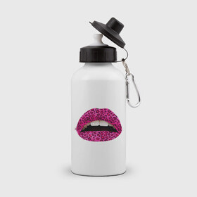 Бутылка спортивная с принтом Pink leopard lips в Курске, металл | емкость — 500 мл, в комплекте две пластиковые крышки и карабин для крепления | lips | губы | леопард | помада | поцелуй
