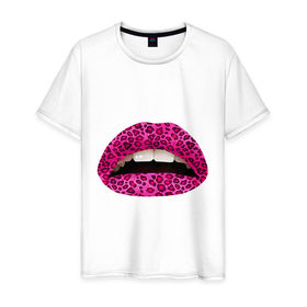 Мужская футболка хлопок с принтом Pink leopard lips в Курске, 100% хлопок | прямой крой, круглый вырез горловины, длина до линии бедер, слегка спущенное плечо. | lips | губы | леопард | помада | поцелуй