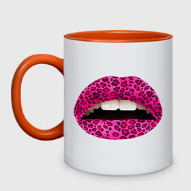 Кружка двухцветная с принтом Pink leopard lips в Курске, керамика | объем — 330 мл, диаметр — 80 мм. Цветная ручка и кайма сверху, в некоторых цветах — вся внутренняя часть | lips | губы | леопард | помада | поцелуй