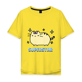 Мужская футболка хлопок Oversize с принтом Superstar cat в Курске, 100% хлопок | свободный крой, круглый ворот, “спинка” длиннее передней части | Тематика изображения на принте: super star | девушкам | для девушек | животные | кот | кошка | мило | супер звезда | суперзвезда