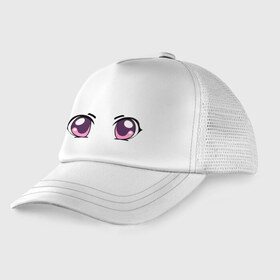 Детская кепка тракер с принтом Фиолетовые аниме глаза в Курске, Козырек - 100% хлопок. Кепка - 100% полиэстер, Задняя часть - сетка | универсальный размер, пластиковая застёжка | anime | взгляд | лицо