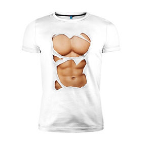 Мужская футболка премиум с принтом Идеальный пресс в Курске, 92% хлопок, 8% лайкра | приталенный силуэт, круглый вырез ворота, длина до линии бедра, короткий рукав | мужское тело | мышцы | тело | торс