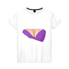 Женская футболка хлопок с принтом Фиолетовый бюстгалтер в Курске, 100% хлопок | прямой крой, круглый вырез горловины, длина до линии бедер, слегка спущенное плечо | бюстгалтер | грудь | женское тело | лифчик | тело | части тела