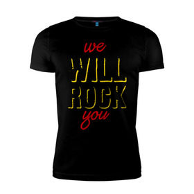 Мужская футболка премиум с принтом We will rock you! в Курске, 92% хлопок, 8% лайкра | приталенный силуэт, круглый вырез ворота, длина до линии бедра, короткий рукав | freddie mercury | queen | классический рок | куин | рок группа | фредди меркьюри