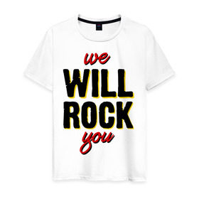Мужская футболка хлопок с принтом We will rock you! в Курске, 100% хлопок | прямой крой, круглый вырез горловины, длина до линии бедер, слегка спущенное плечо. | freddie mercury | queen | классический рок | куин | рок группа | фредди меркьюри
