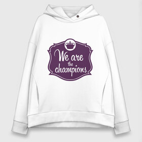 Женское худи Oversize хлопок с принтом We are the champions в Курске, френч-терри — 70% хлопок, 30% полиэстер. Мягкий теплый начес внутри —100% хлопок | боковые карманы, эластичные манжеты и нижняя кромка, капюшон на магнитной кнопке | freddie mercury | queen | классический рок | куин | рок группа | фредди меркьюри