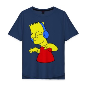 Мужская футболка хлопок Oversize с принтом Барт в наушниках в Курске, 100% хлопок | свободный крой, круглый ворот, “спинка” длиннее передней части | bart | bart simpson | simpsons | барт в наушниках | барт симпсон | голова барта | симпсоны | симсоны