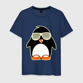 Мужская футболка хлопок с принтом Пингвин в очках-жалюзи glow в Курске, 100% хлопок | прямой крой, круглый вырез горловины, длина до линии бедер, слегка спущенное плечо. | Тематика изображения на принте: пингвин