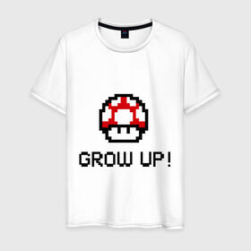 Мужская футболка хлопок с принтом Grow up! в Курске, 100% хлопок | прямой крой, круглый вырез горловины, длина до линии бедер, слегка спущенное плечо. | марио