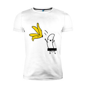 Мужская футболка премиум с принтом Банан стриптизер в Курске, 92% хлопок, 8% лайкра | приталенный силуэт, круглый вырез ворота, длина до линии бедра, короткий рукав | кожура | одежда | прикольная картинка | раздеваться | фрукт | юмор