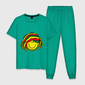 Мужская пижама хлопок с принтом Cмайл-растаман в Курске, 100% хлопок | брюки и футболка прямого кроя, без карманов, на брюках мягкая резинка на поясе и по низу штанин
 | дреды | настроение | позитив | раста | смайлик | улыбка