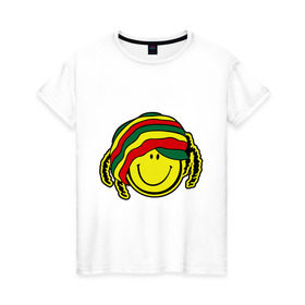 Женская футболка хлопок с принтом Cмайл-растаман в Курске, 100% хлопок | прямой крой, круглый вырез горловины, длина до линии бедер, слегка спущенное плечо | дреды | настроение | позитив | раста | смайлик | улыбка
