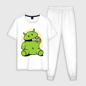 Мужская пижама хлопок с принтом Андроид кушает батарейку в Курске, 100% хлопок | брюки и футболка прямого кроя, без карманов, на брюках мягкая резинка на поясе и по низу штанин
 | adnroid | андроид | андроид кушает батарейку | андройд