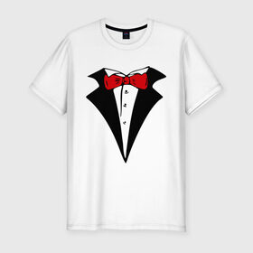 Мужская футболка премиум с принтом Смокинг и красная бабочка в Курске, 92% хлопок, 8% лайкра | приталенный силуэт, круглый вырез ворота, длина до линии бедра, короткий рукав | смокинг