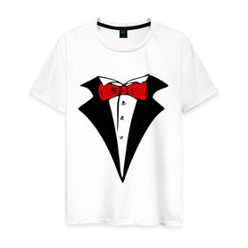 Мужская футболка хлопок с принтом Смокинг и красная бабочка в Курске, 100% хлопок | прямой крой, круглый вырез горловины, длина до линии бедер, слегка спущенное плечо. | смокинг