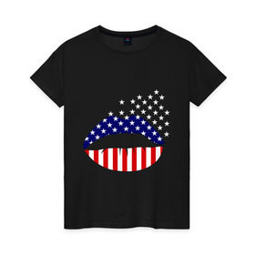 Женская футболка хлопок с принтом Американские губы в Курске, 100% хлопок | прямой крой, круглый вырез горловины, длина до линии бедер, слегка спущенное плечо | Тематика изображения на принте: американский флаг | губы | флаг америки | флаг сша