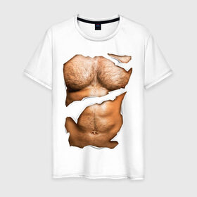 Мужская футболка хлопок с принтом Мужской пресс в Курске, 100% хлопок | прямой крой, круглый вырез горловины, длина до линии бедер, слегка спущенное плечо. | body | волосатая грудь | волосатое тело | мужское тело | тело | торс