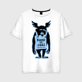 Женская футболка хлопок Oversize с принтом Keep it real Banksy в Курске, 100% хлопок | свободный крой, круглый ворот, спущенный рукав, длина до линии бедер
 | banksy | бенкси | бэнкси | графити | граффити | обезьяна | стрит арт | стритарт