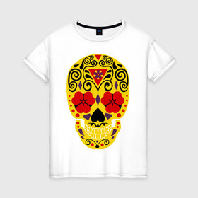 Женская футболка хлопок с принтом Flower Skull в Курске, 100% хлопок | прямой крой, круглый вырез горловины, длина до линии бедер, слегка спущенное плечо | skull | цветочный орнамент | цветы | череп | черепа