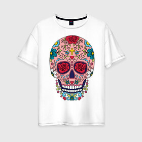 Женская футболка хлопок Oversize с принтом Oldschool skull в Курске, 100% хлопок | свободный крой, круглый ворот, спущенный рукав, длина до линии бедер
 | oldschool | skull | олд скул | олдскул | цветочный орнамент | цветы | череп | черепа