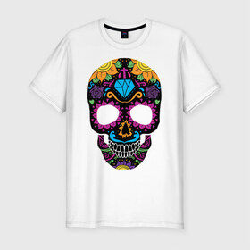 Мужская футболка премиум с принтом Skull mexica в Курске, 92% хлопок, 8% лайкра | приталенный силуэт, круглый вырез ворота, длина до линии бедра, короткий рукав | Тематика изображения на принте: skull | мексика | мексиканский череп | череп | черепа