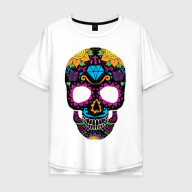 Мужская футболка хлопок Oversize с принтом Skull mexica в Курске, 100% хлопок | свободный крой, круглый ворот, “спинка” длиннее передней части | skull | мексика | мексиканский череп | череп | черепа