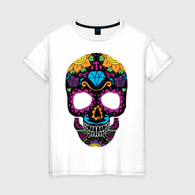 Женская футболка хлопок с принтом Skull mexica в Курске, 100% хлопок | прямой крой, круглый вырез горловины, длина до линии бедер, слегка спущенное плечо | skull | мексика | мексиканский череп | череп | черепа