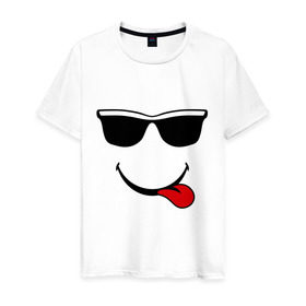 Мужская футболка хлопок с принтом Мы на позитиве (язык справа) в Курске, 100% хлопок | прямой крой, круглый вырез горловины, длина до линии бедер, слегка спущенное плечо. | smile | очки | парные | позитив | смайл